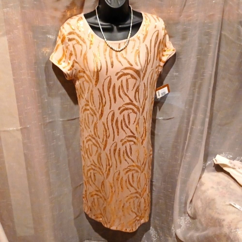 NWT Ellen Tracy T-Shirt Knit Dress, Gold Swirl Sequins, Scoop Neck, Short sleev